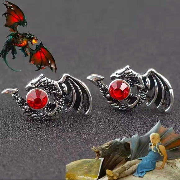 925 Sterling Silver Game Of Thrones Inspired Dragon Earrings with Ruby Spindle - Picture 1 of 6